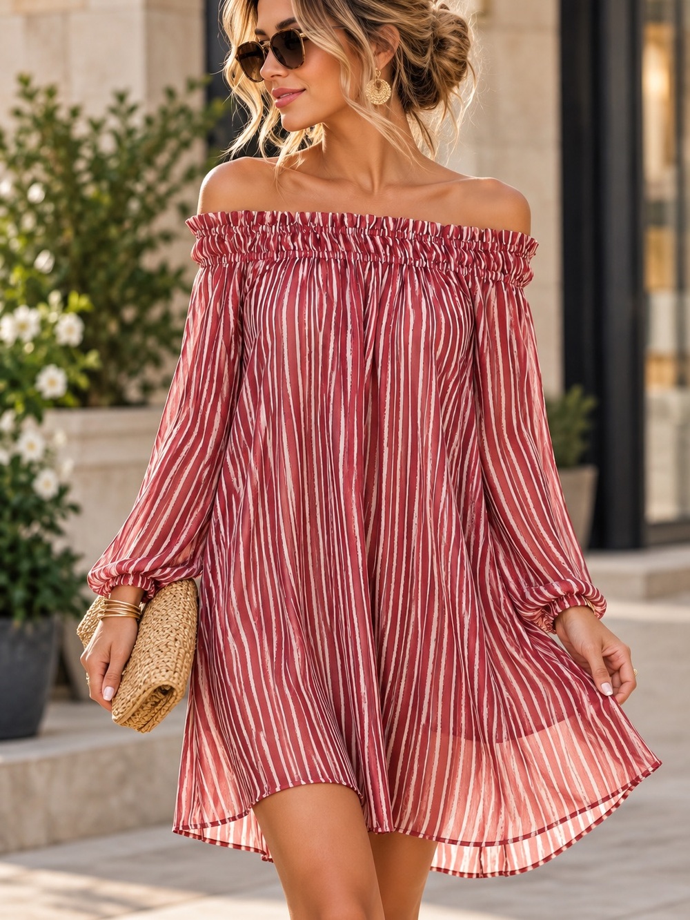 Sensi Studio Red White Striped Off Shoulder Dress Women’s M Resort Boho